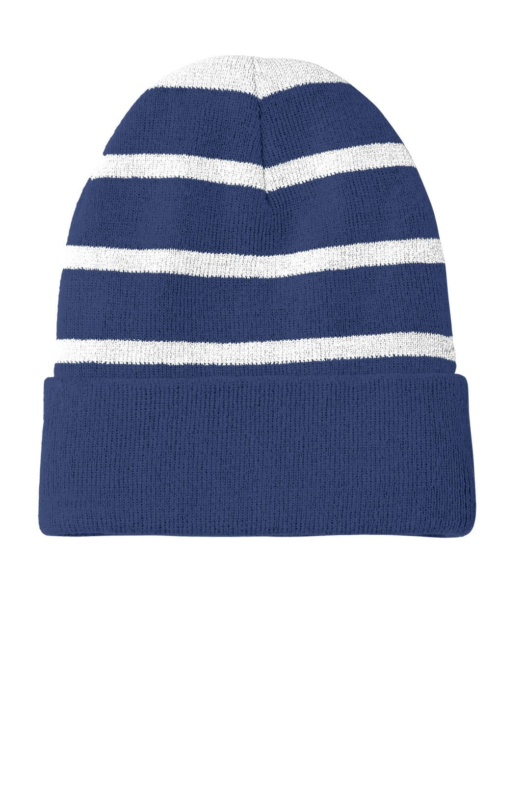 A navy and white striped beanie with a solid band at the bottom. It features a logo on the front.
