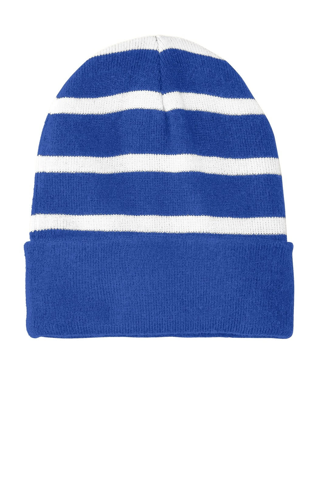 A blue striped beanie with a solid blue band at the bottom. It features a logo.