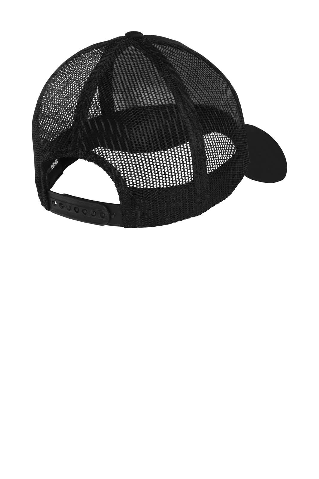 A black mesh back cap with a solid front panel and an adjustable strap at the back. Features a logo.