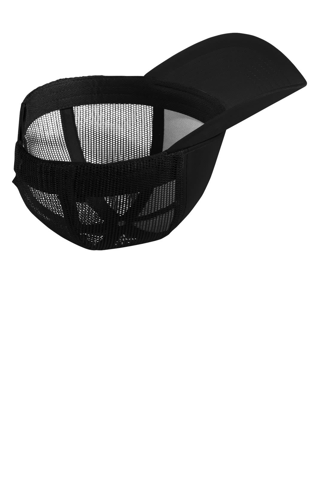 A black cap featuring a mesh back and solid front, designed for sports and outdoor activities. It includes branding.