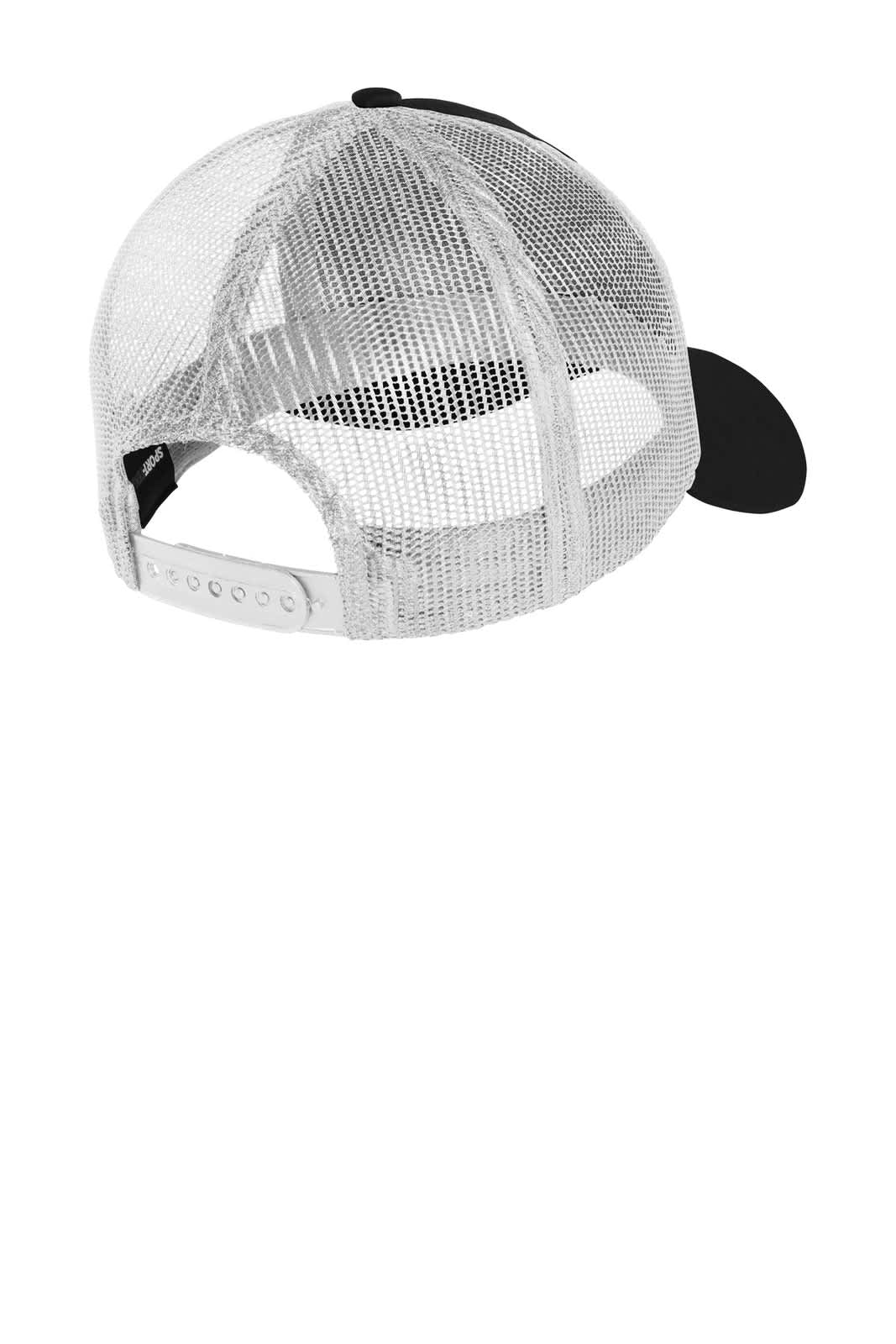 A black cap with a mesh back, featuring an adjustable strap and a logo on the side.