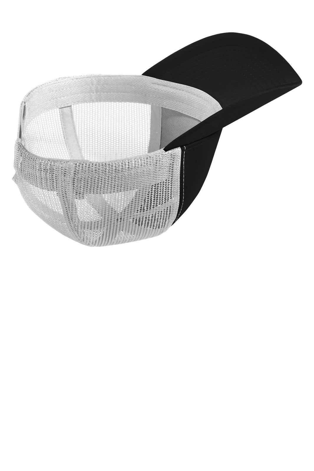 A black and white Sport-Tek PosiCharge Competitor mesh back cap featuring a logo.