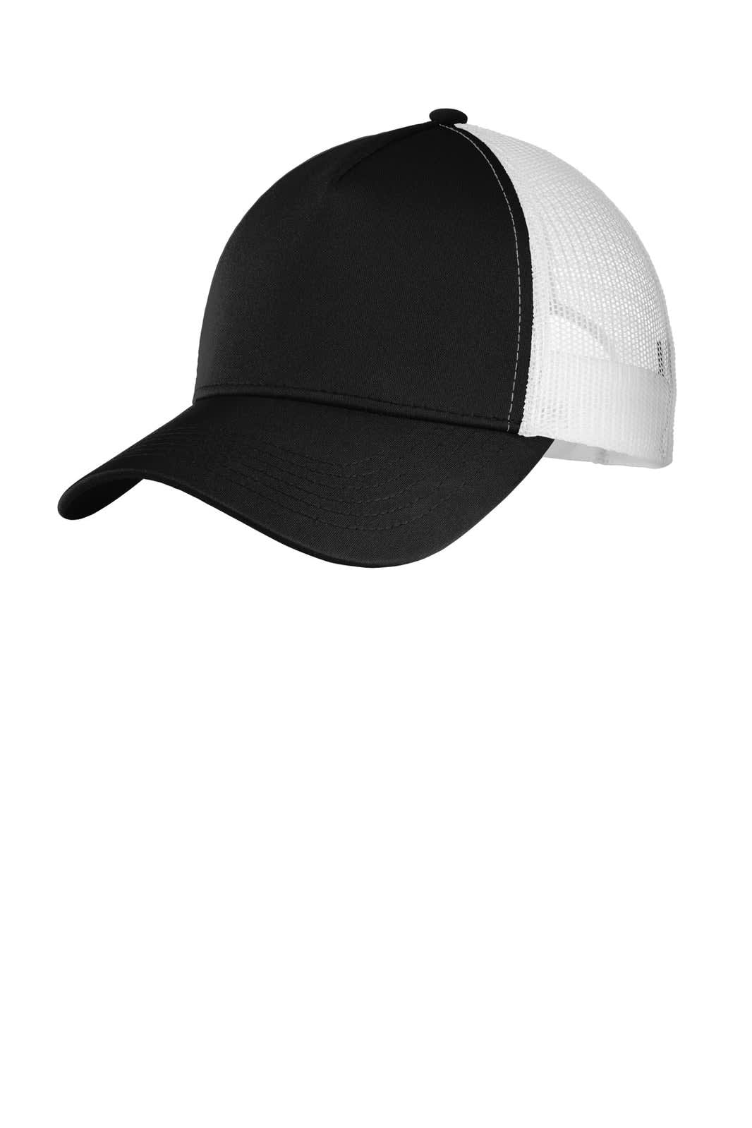 A black cap with a white mesh back, featuring a curved brim and a logo on the front.