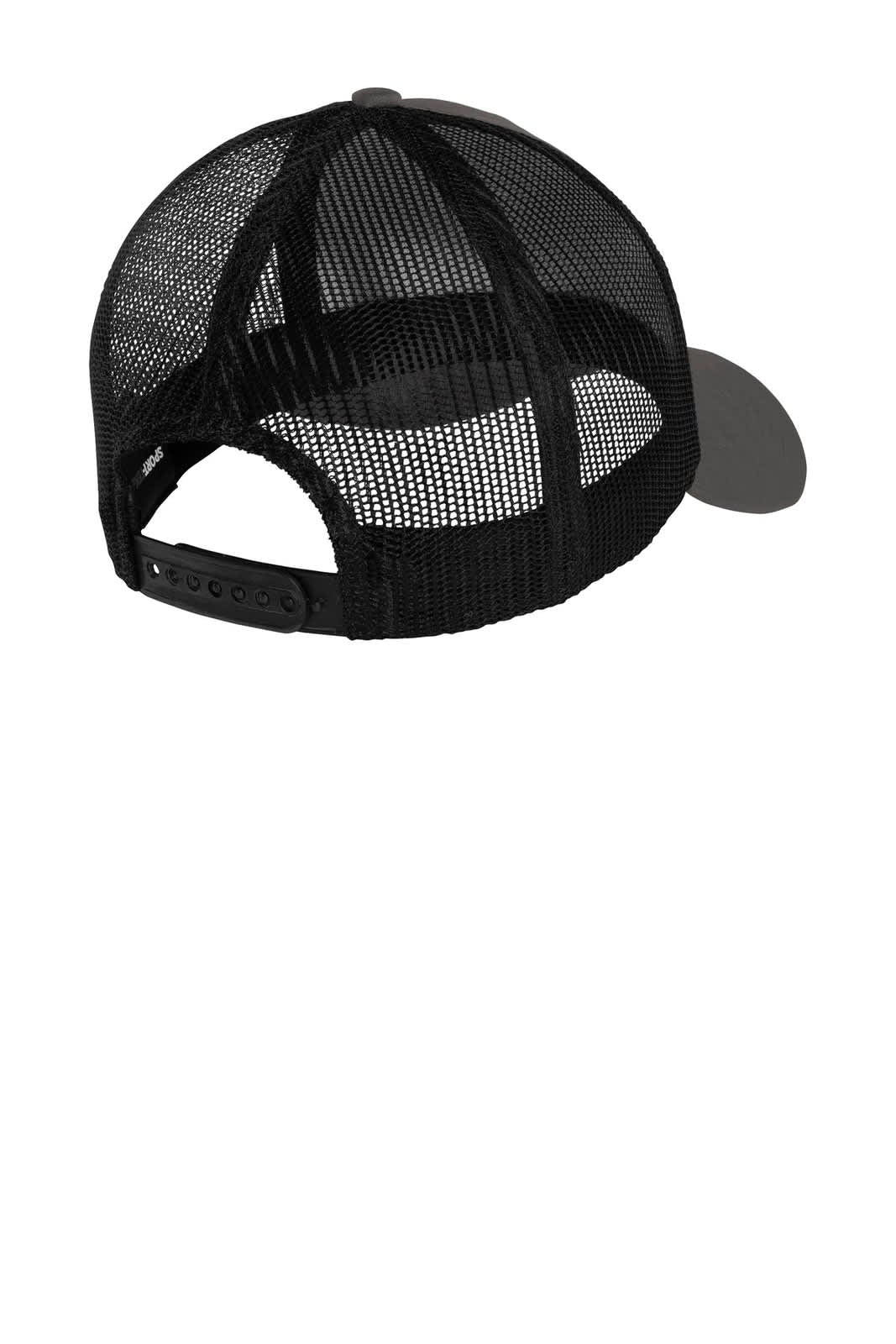 A black mesh back cap with a solid front panel and an adjustable strap at the back. Features a logo on the side.