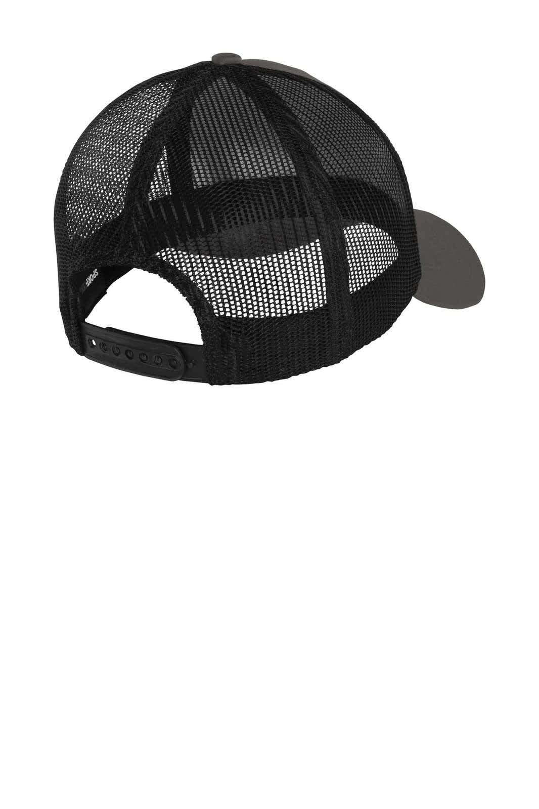 A black mesh-back cap featuring a solid brim. Includes a logo on the rear adjustment strap.