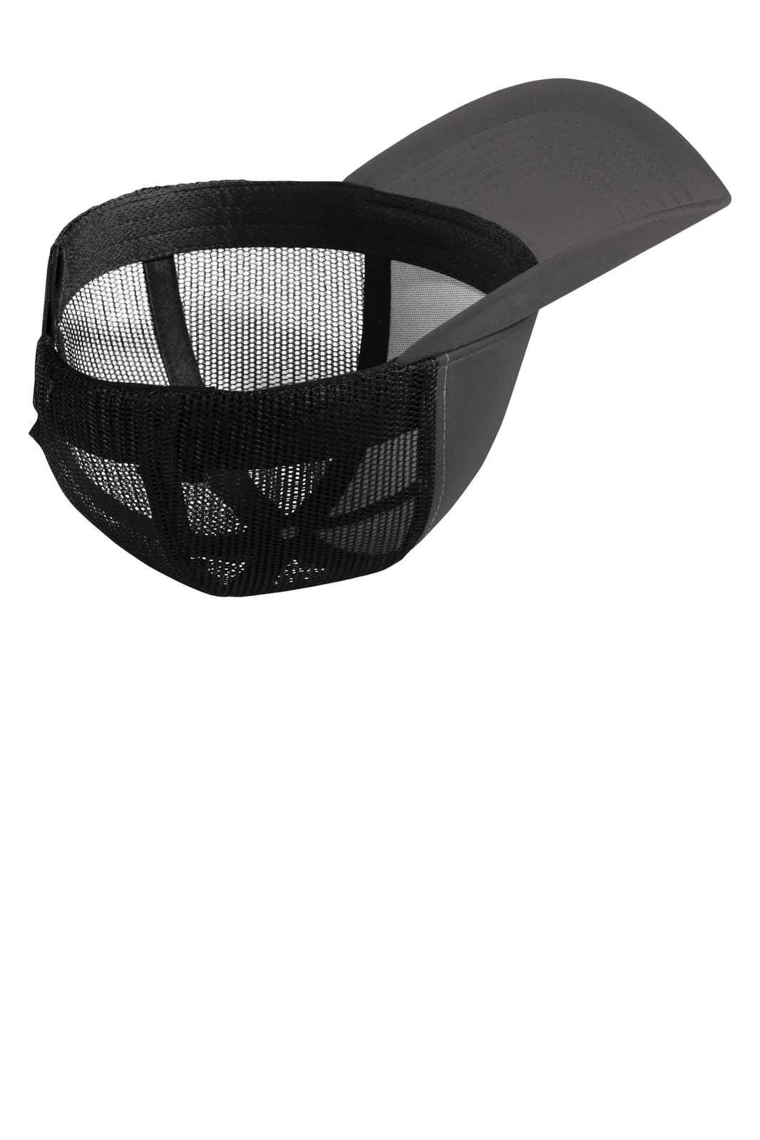 A grey cap with a mesh back and a solid brim, featuring a logo on the front.