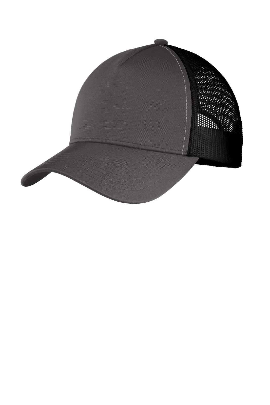 A grey cap with a mesh back and curved brim, featuring a logo on the side.