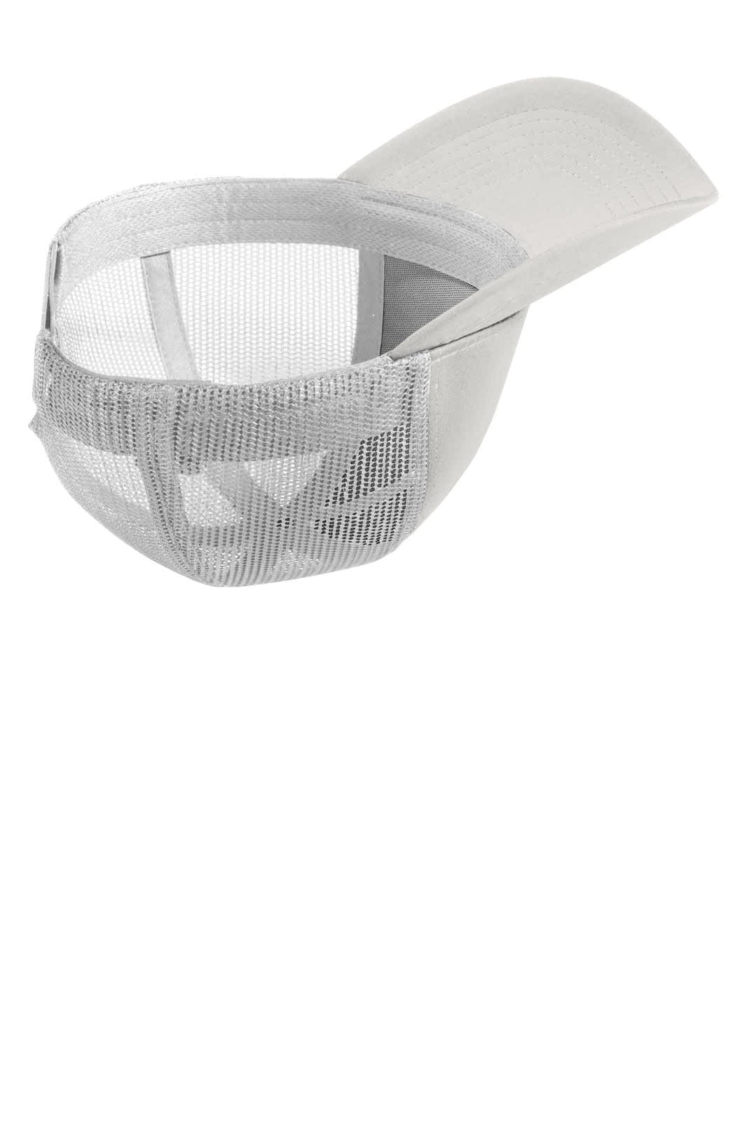 A white mesh back cap with a curved brim and adjustable fit featuring branding on the side.