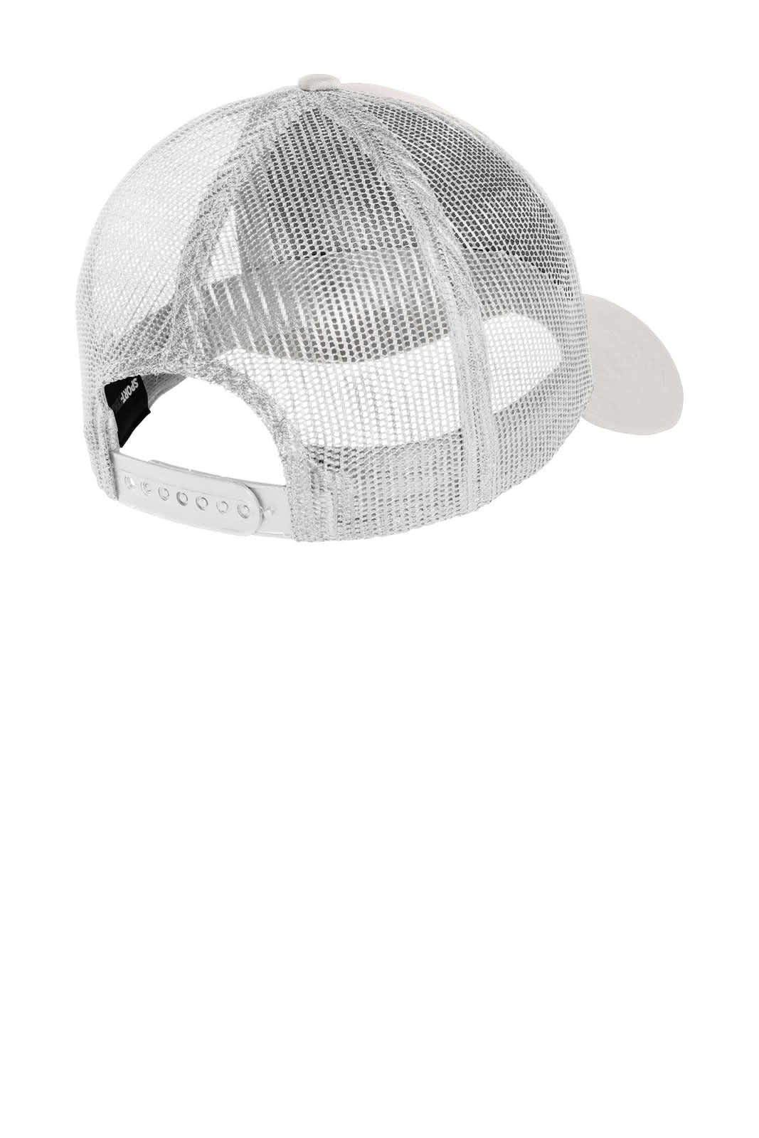 A white cap with a mesh back and adjustable strap, featuring a logo on the side.
