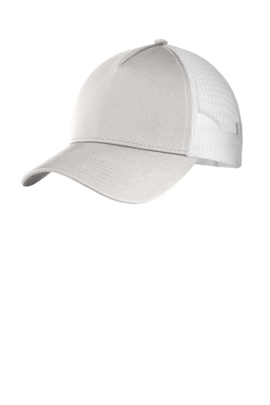 A light grey cap with a mesh back and curved visor, featuring a logo on the front.