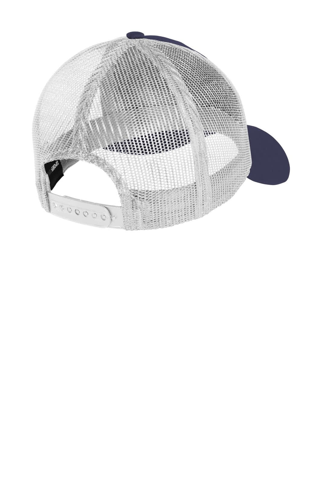 A navy and white cap with a mesh back and an adjustable strap, featuring a logo on the side.