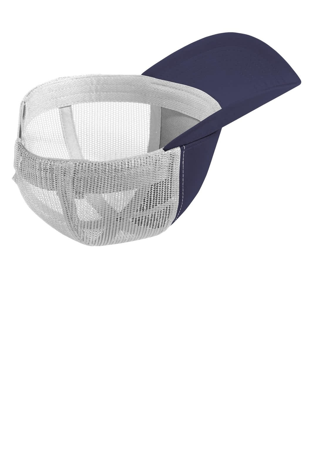 A navy blue cap with a mesh back and solid front panel, featuring an adjustable design and a logo.