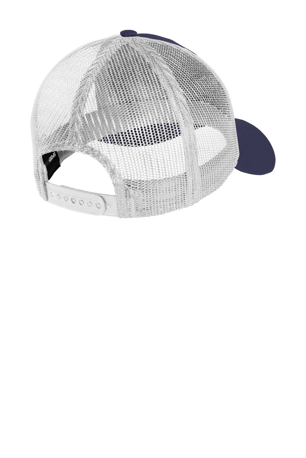 A grey and navy cap featuring a mesh back and adjustable strap, with a logo on the underside.