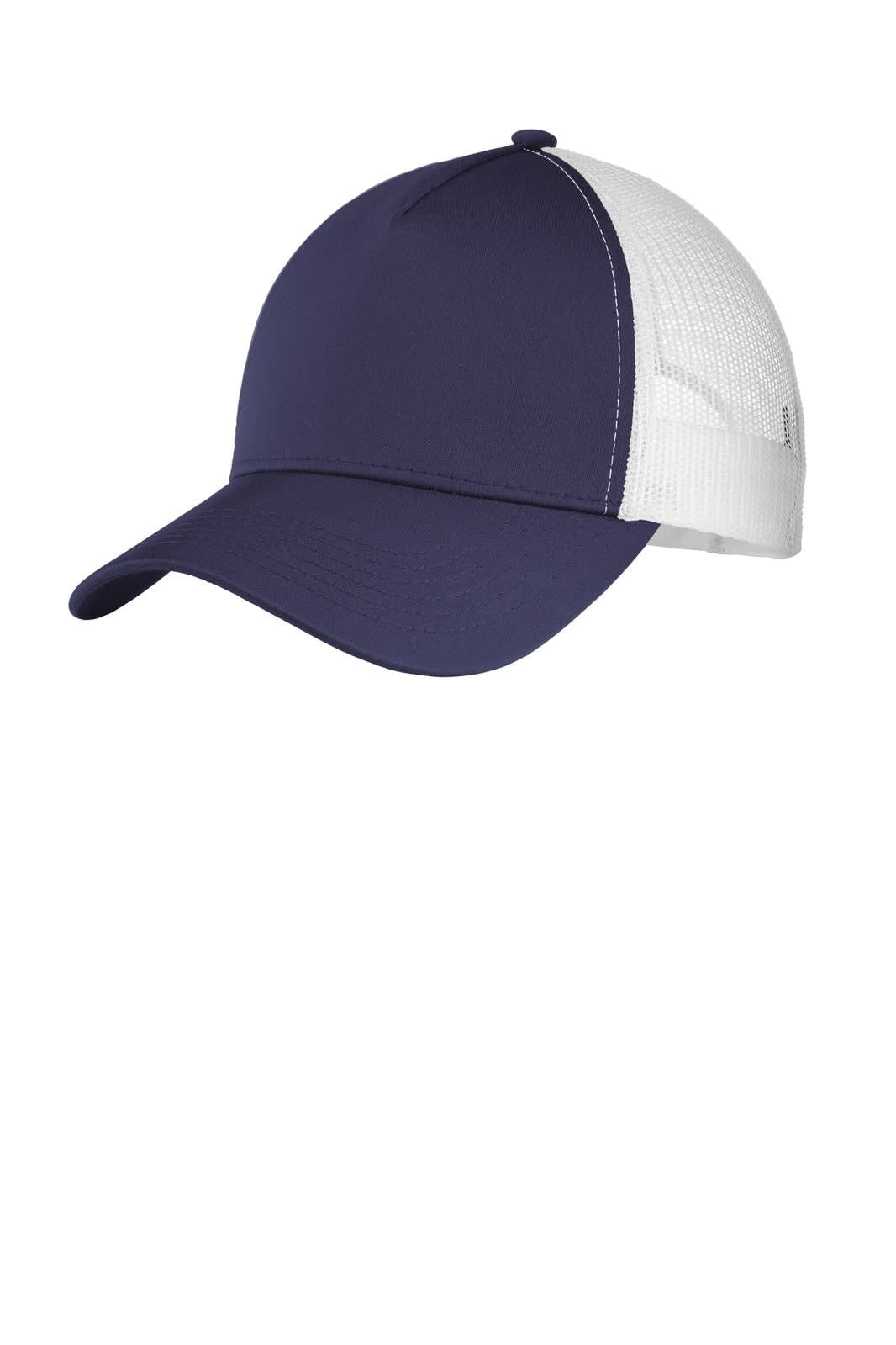 Navy cap with a white mesh back and a curved brim, featuring a logo on the side.
