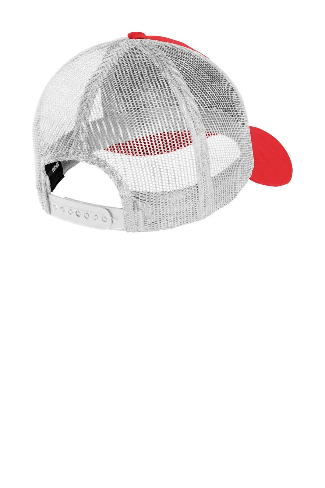 A red and white cap with a mesh back and adjustable strap, featuring a logo on the side.