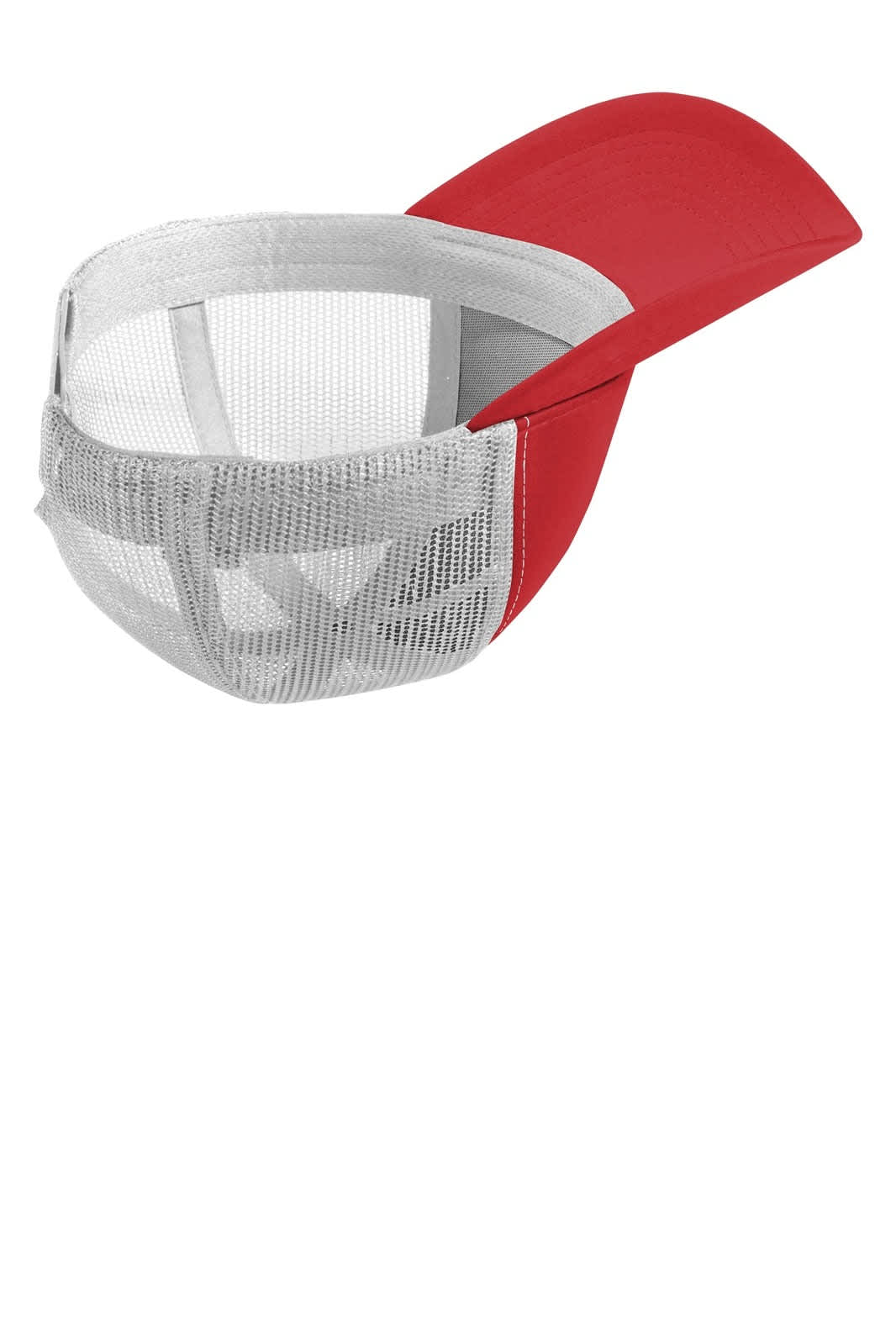 A red cap with a mesh back and a solid-coloured front panel, featuring a logo. Suitable for casual wear.