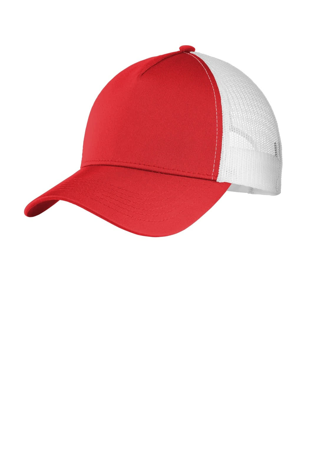 A red cap with a white mesh back and a curved brim, featuring a logo on the front.