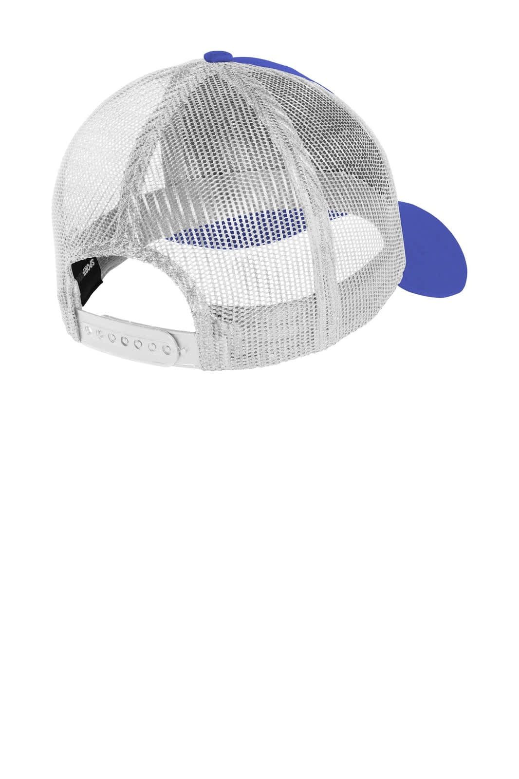 A mesh back cap featuring a blue front panel with a white mesh rear and an adjustable strap.