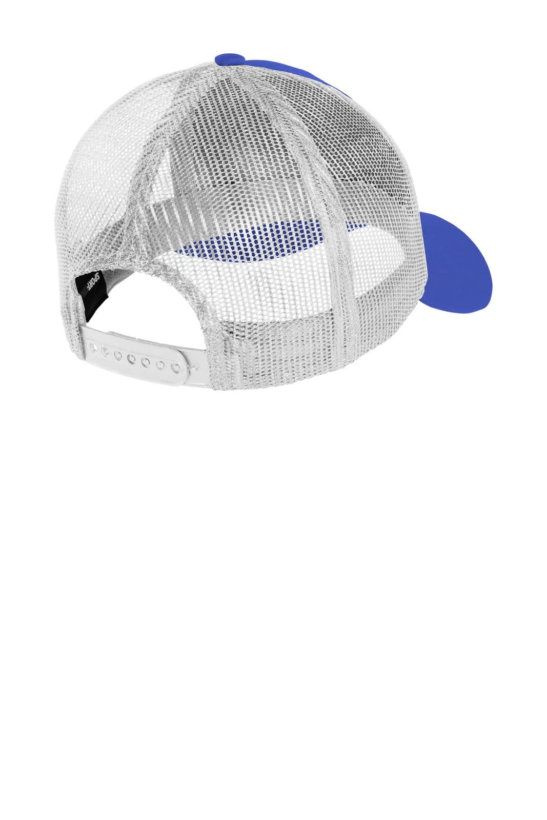 A blue and white Sport-Tek PosiCharge Competitor Mesh Back Cap featuring a mesh back and a solid front panel.