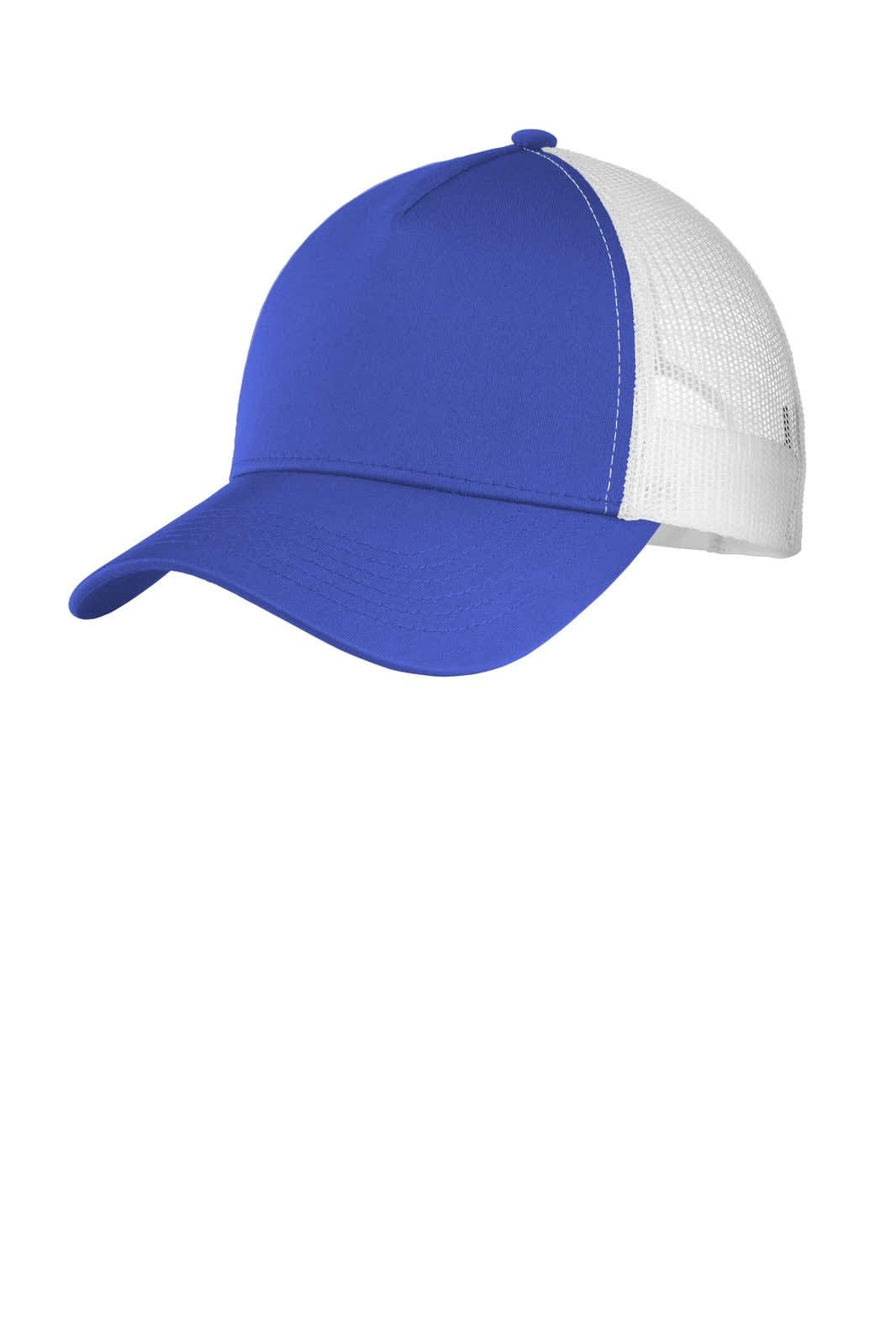 A blue cap with a white mesh back, featuring a curved peak and a branding logo.