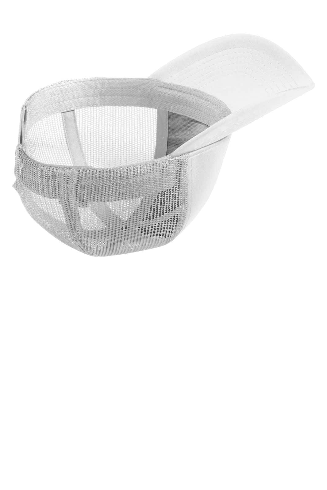 A white cap with a mesh back and curved brim, designed for sporting activities. It features a logo on the side.