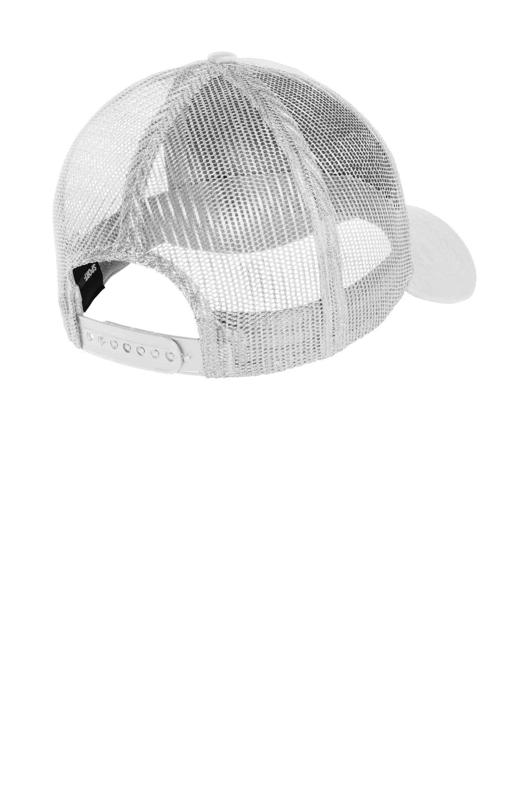 A white cap with a mesh back and an adjustable strap, featuring a logo on the interior.