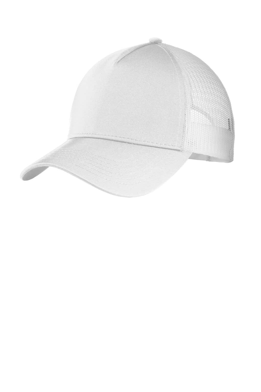 A white mesh back cap featuring a solid front panel and a curved brim, with a logo on the side.