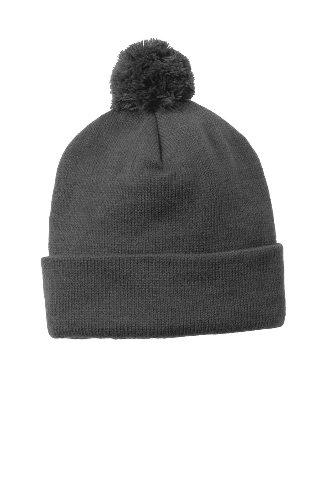 A grey Sport-Tek Solid Pom Pom Beanie with a ribbed cuff and a pom pom on top. Features a logo.