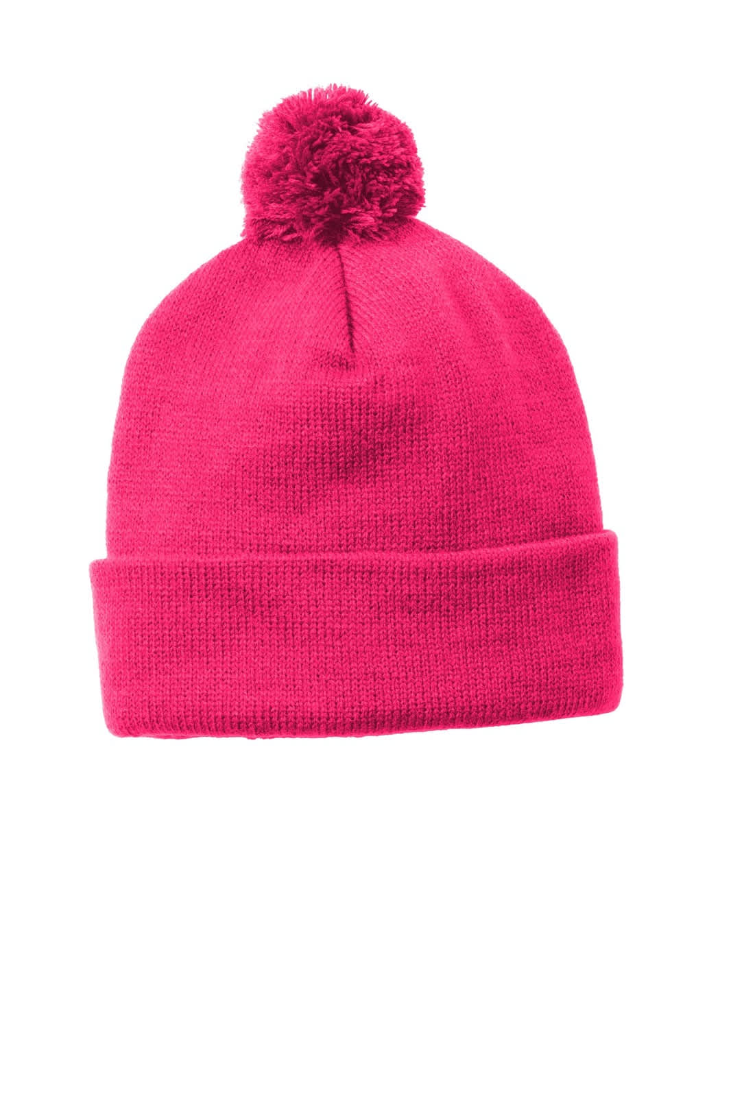 A bright pink beanie with a pom pom on top, featuring a folded cuff and a logo.