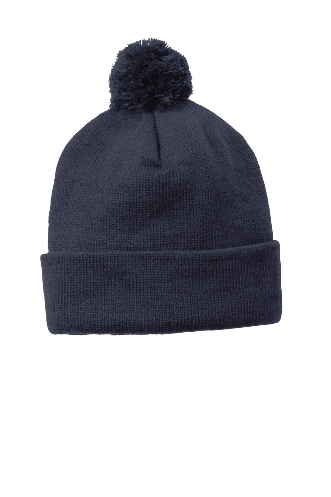 A navy blue beanie with a pom pom on top, featuring a knit texture and a folded cuff.