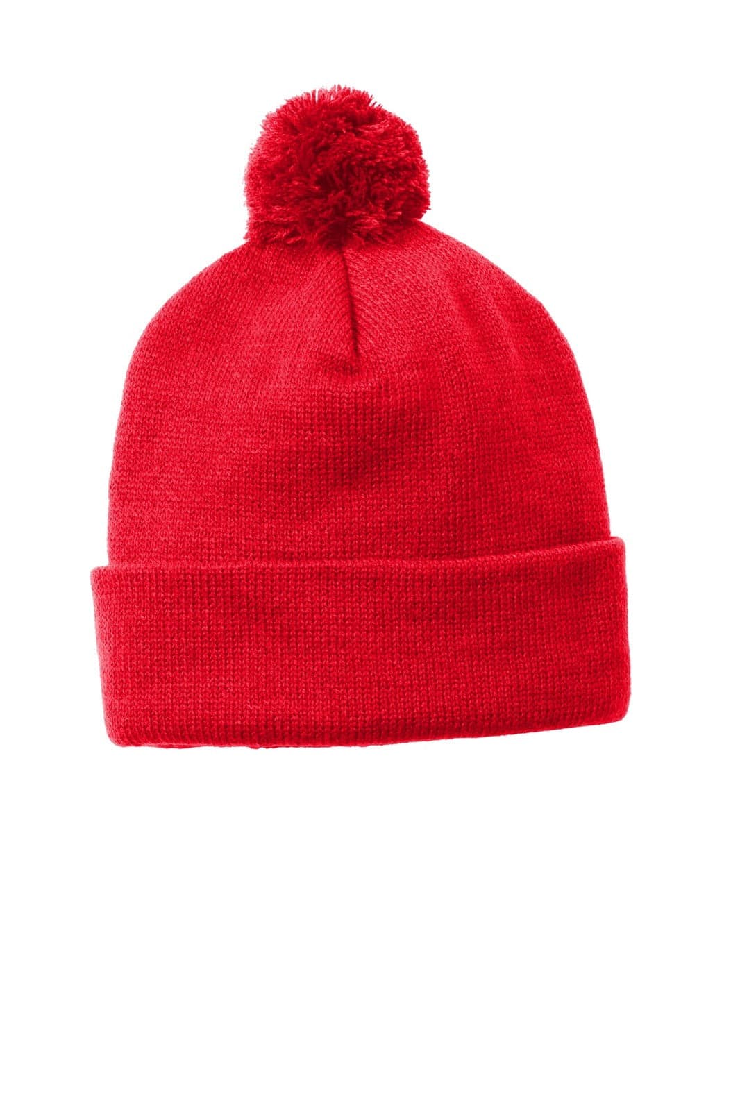 A bright red beanie with a pom pom on top, featuring a folded cuff and a subtle logo.