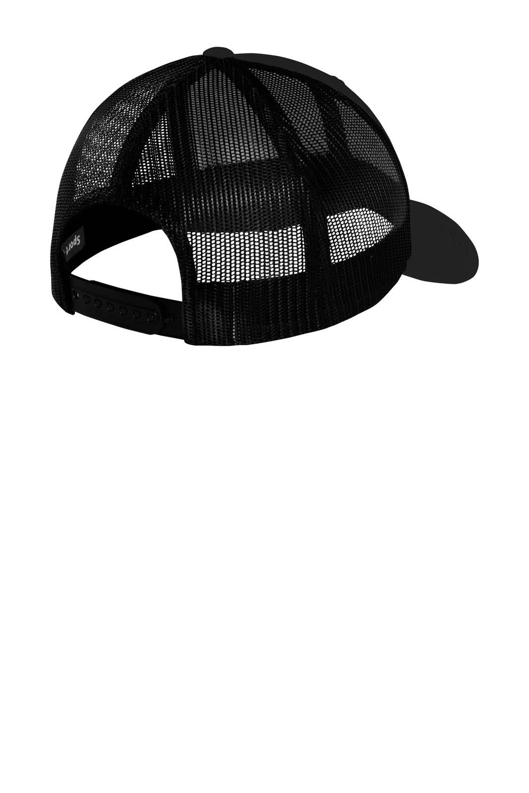 A black retro trucker cap with a mesh back and adjustable strap. Features a logo on the side.