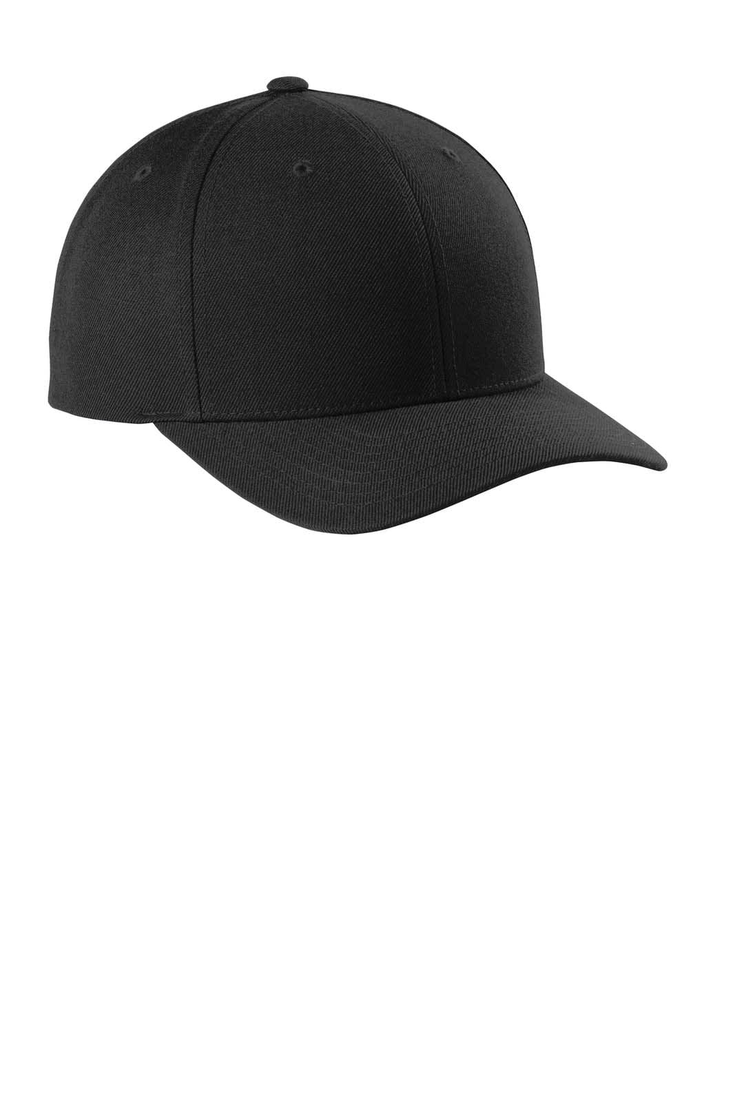 A black snapback cap with a curved bill and six-panel design, featuring a logo on the front.