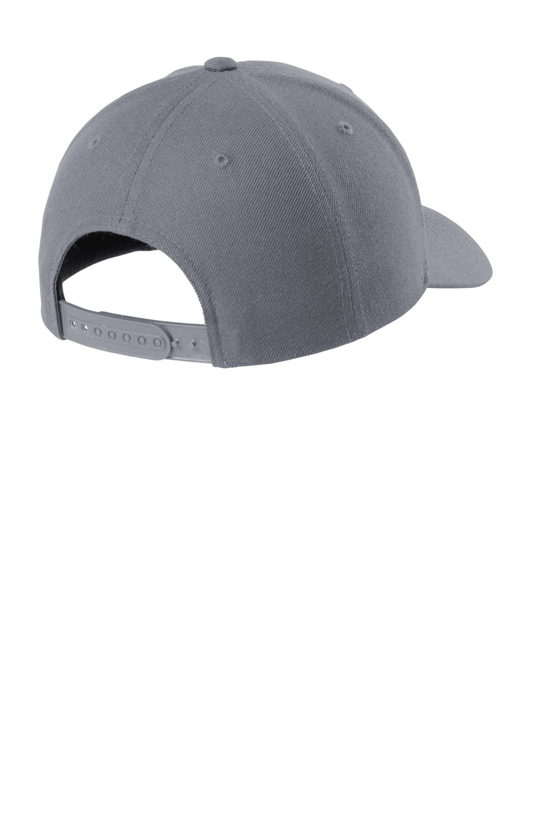 A grey snapback cap featuring a curved bill and an adjustable strap at the back, with a visible logo.