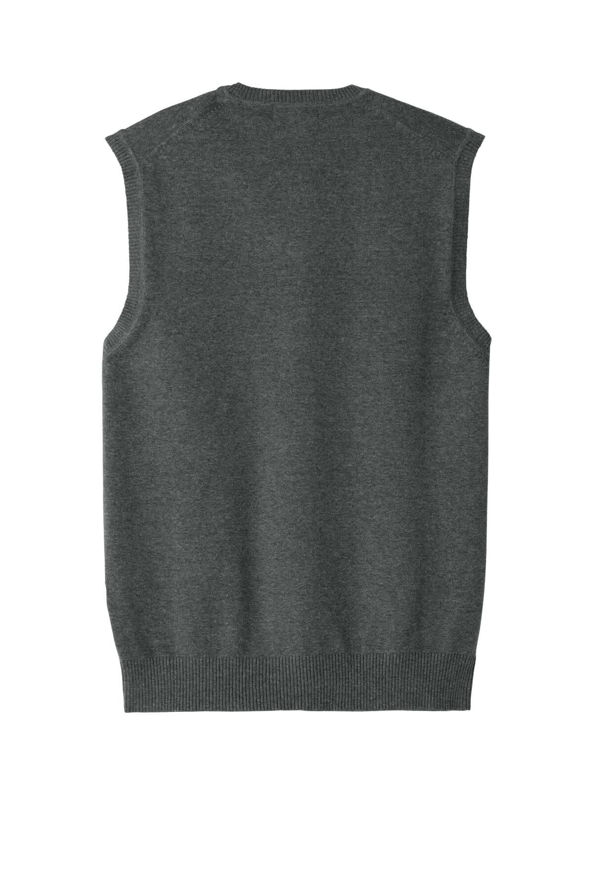 A grey sleeveless sweater vest with a ribbed hem and no distinct patterns. The back view shows a smooth texture.