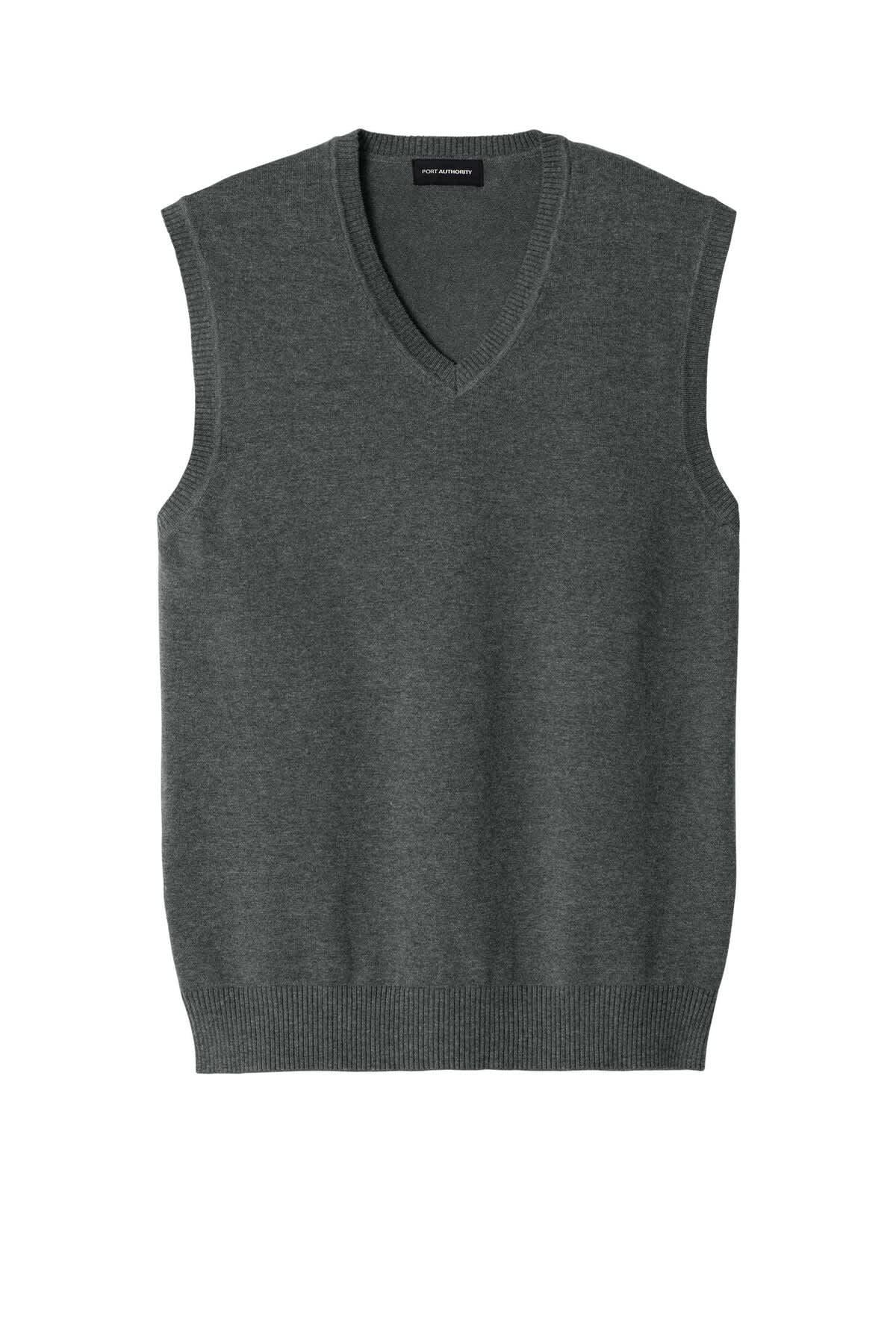 A grey v-neck sweater vest with sleeveless design and ribbed hem, featuring a logo branding.