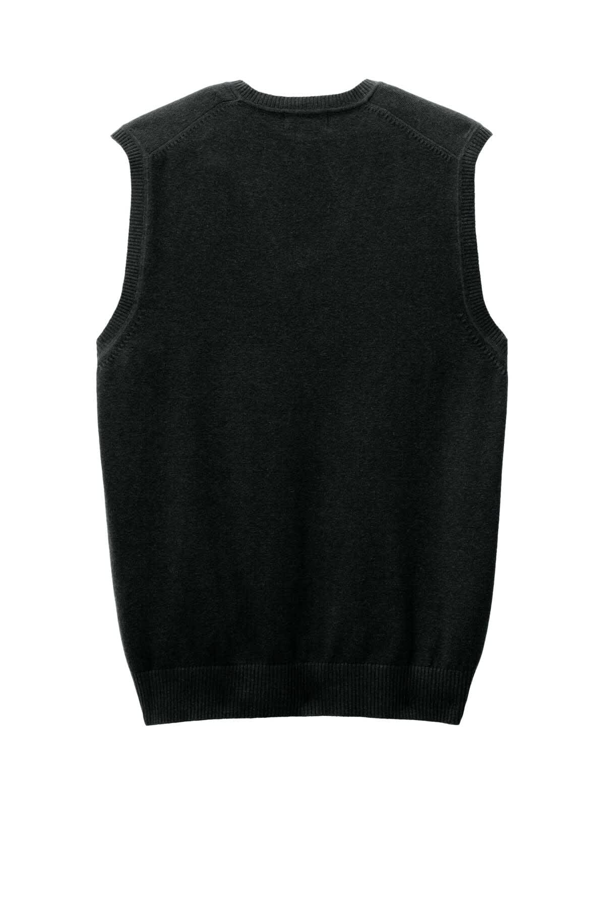 A black sweater vest with a ribbed hem and no sleeves, featuring a subtle logo on the side.