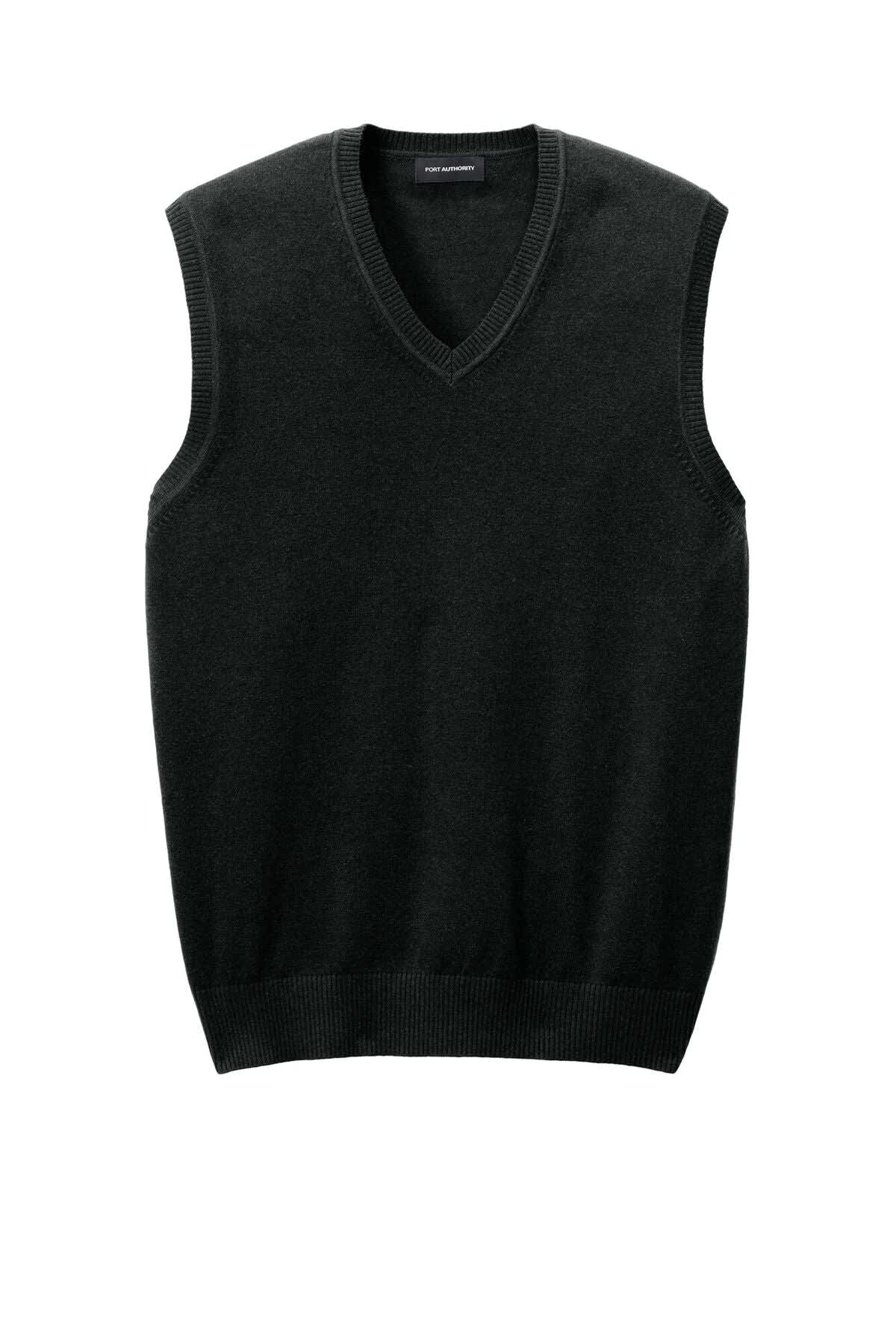 A black sweater vest with a V-neck and sleeveless design, featuring ribbed detailing at the hem and armholes.