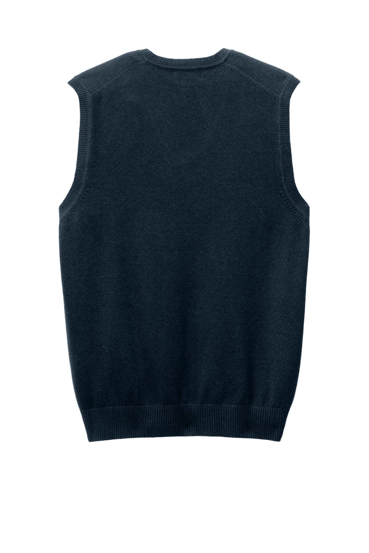 A dark navy blue sweater vest with a sleeveless design and a ribbed hem at the bottom. Features a logo on the label.