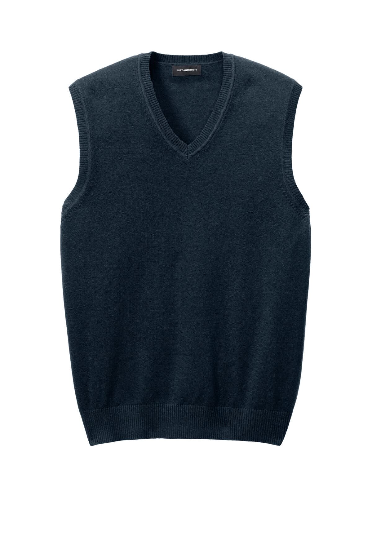 A dark navy Easy Care sweater vest with a v-neck design and sleeveless construction. It features a logo on the label.