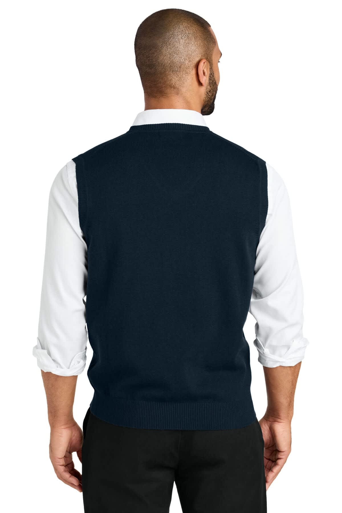 A dark navy sweater vest is worn over a white shirt, showcasing a clean, understated design.