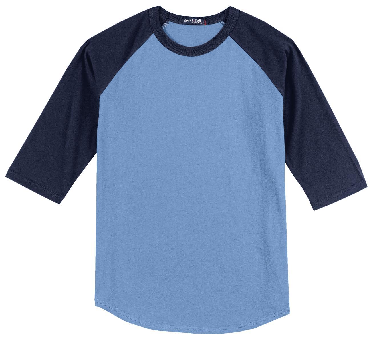A blue and navy Sport-Tek Colourblock Raglan Jersey with three-quarter sleeves and a logo on the neck.
