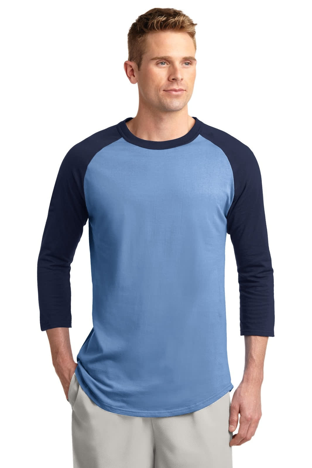 A blue and navy Sport-Tek Colourblock Raglan Jersey shirt featuring three-quarter sleeves and a logo.