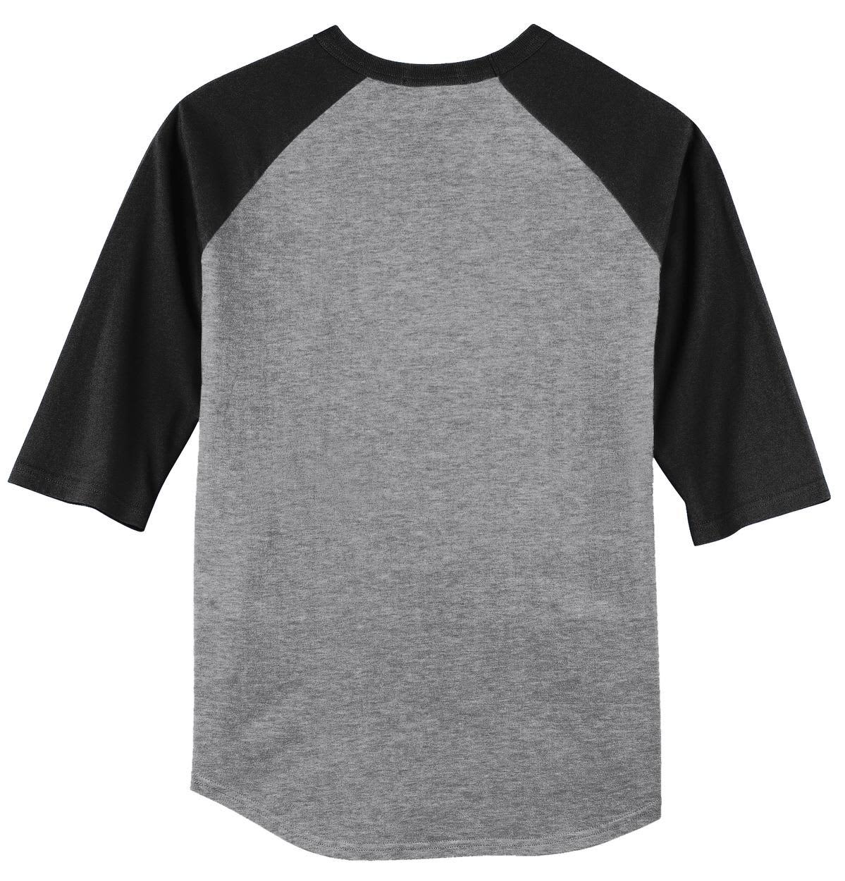 A grey and black Sport-Tek Colorblock Raglan Jersey shirt with three-quarter sleeves and a logo on the back.