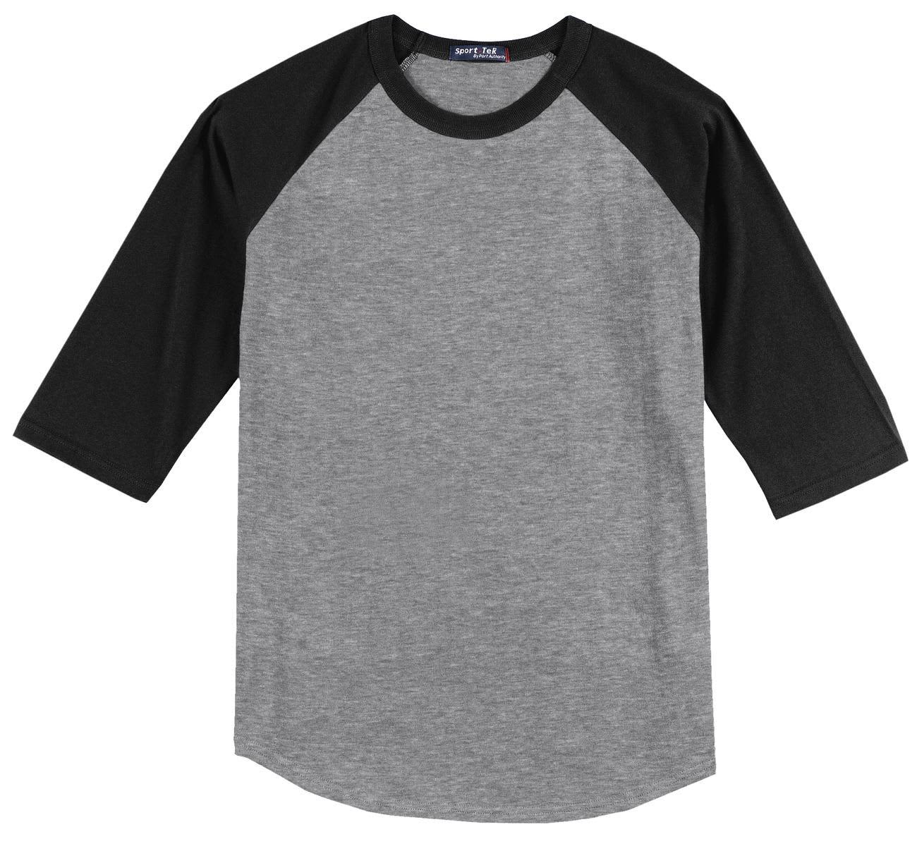 A grey and black Sport-Tek Colourblock Raglan Jersey shirt with three-quarter sleeves and a logo.