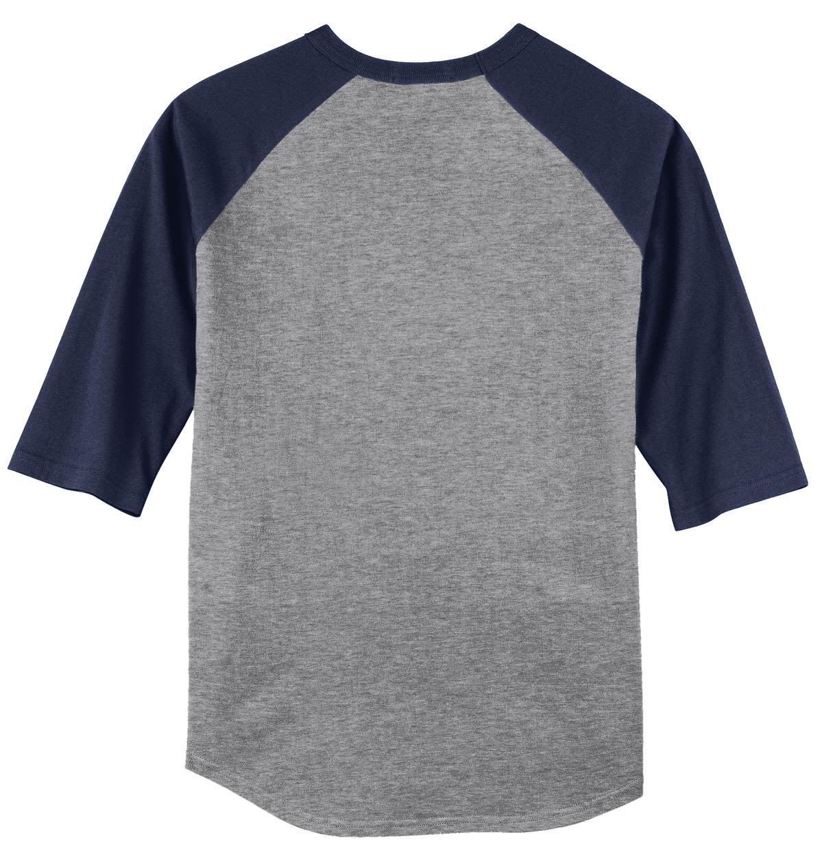 A grey and navy Sport-Tek Colorblock Raglan Jersey with three-quarter sleeves, featuring a logo on the back.