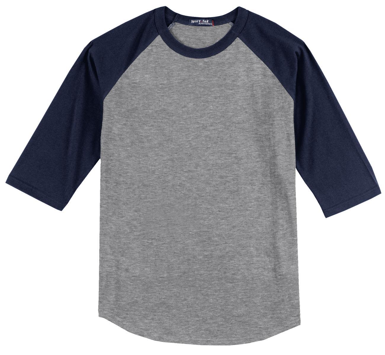 A grey and navy blue Sport-Tek Colourblock Raglan Jersey with three-quarter sleeves and a logo.
