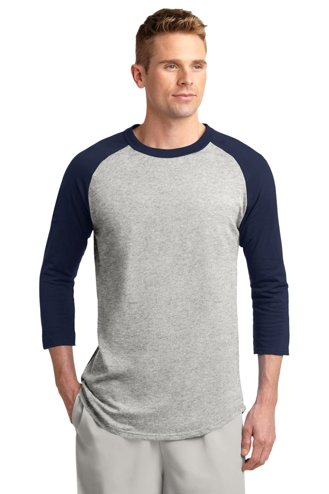 A grey and navy Sport-Tek Colourblock Raglan Jersey with long sleeves, featuring a logo.