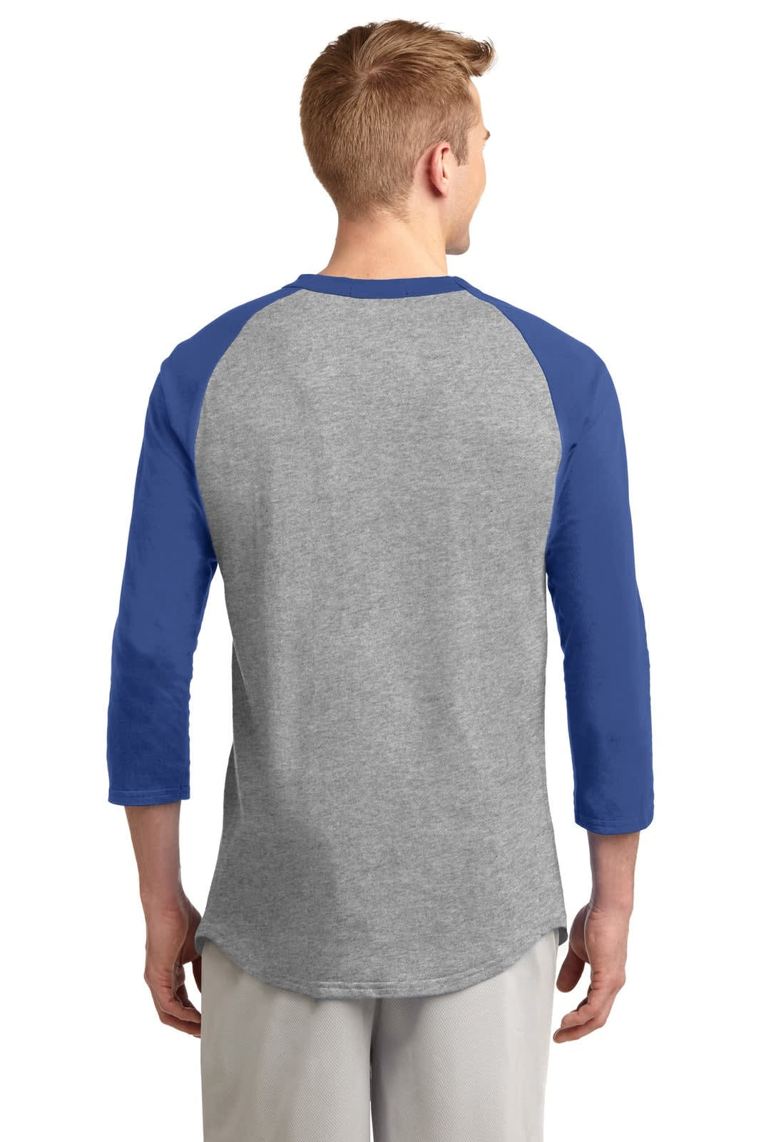 A grey and blue Sport-Tek Colourblock Raglan Jersey with three-quarter sleeves, featuring a logo on the back.