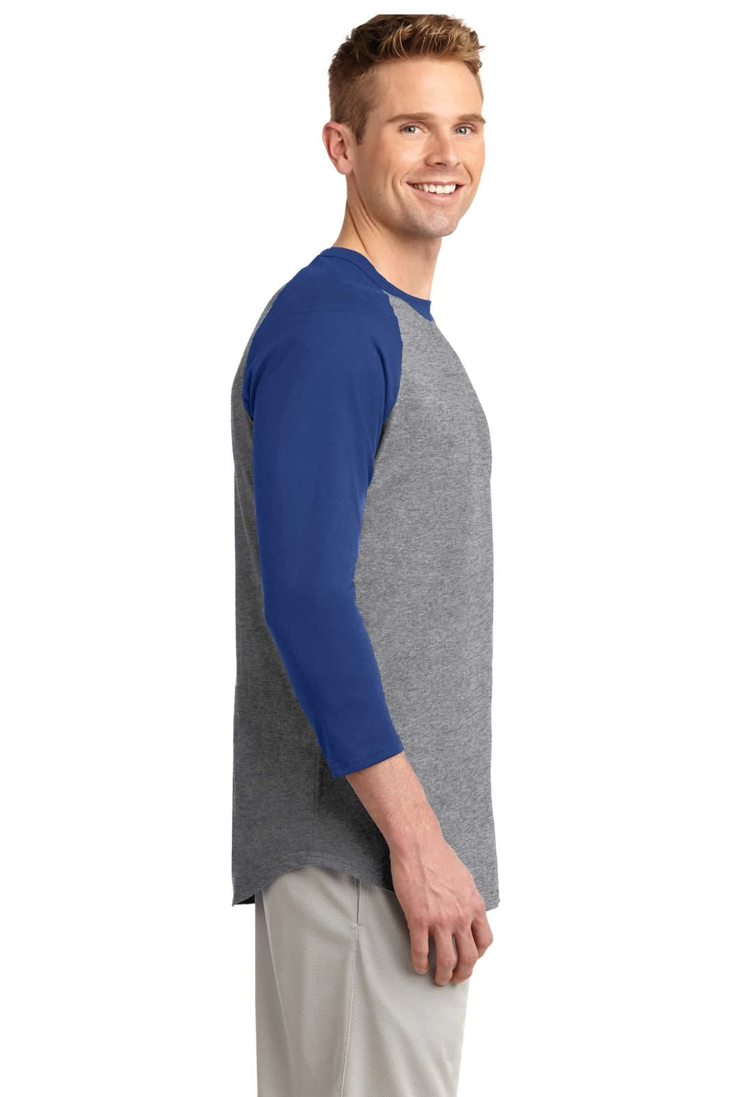 A grey and blue Sport-Tek Colorblock Raglan Jersey featuring three-quarter sleeves and a casual fit.